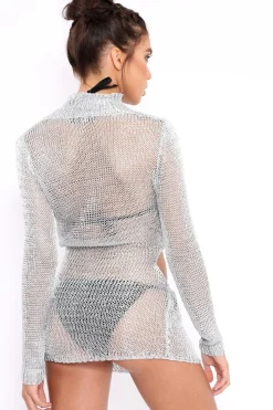 Rebellious Fashion Silver Metallic Knitted Cut Out Gathered Front Dress - Idah
