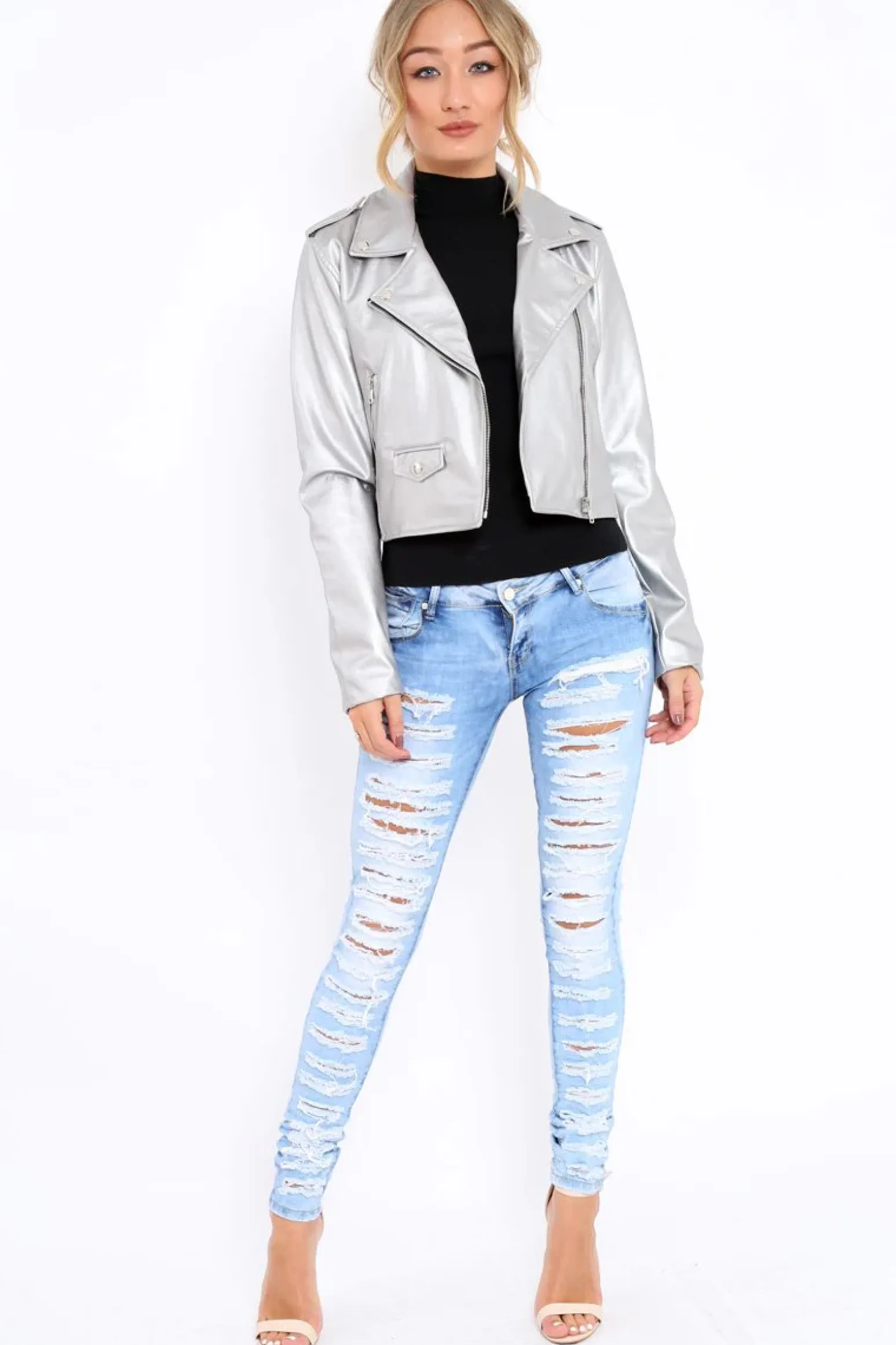 Rebellious Fashion Silver Metallic Leather Jacket - Adrienne