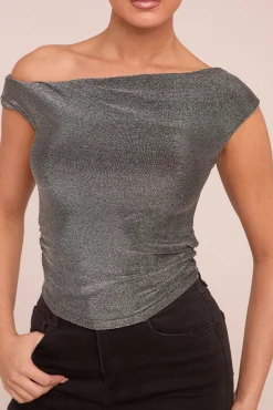 Rebellious Fashion Silver Metallic Lurex One shoulder Crop Top - Isabelle
