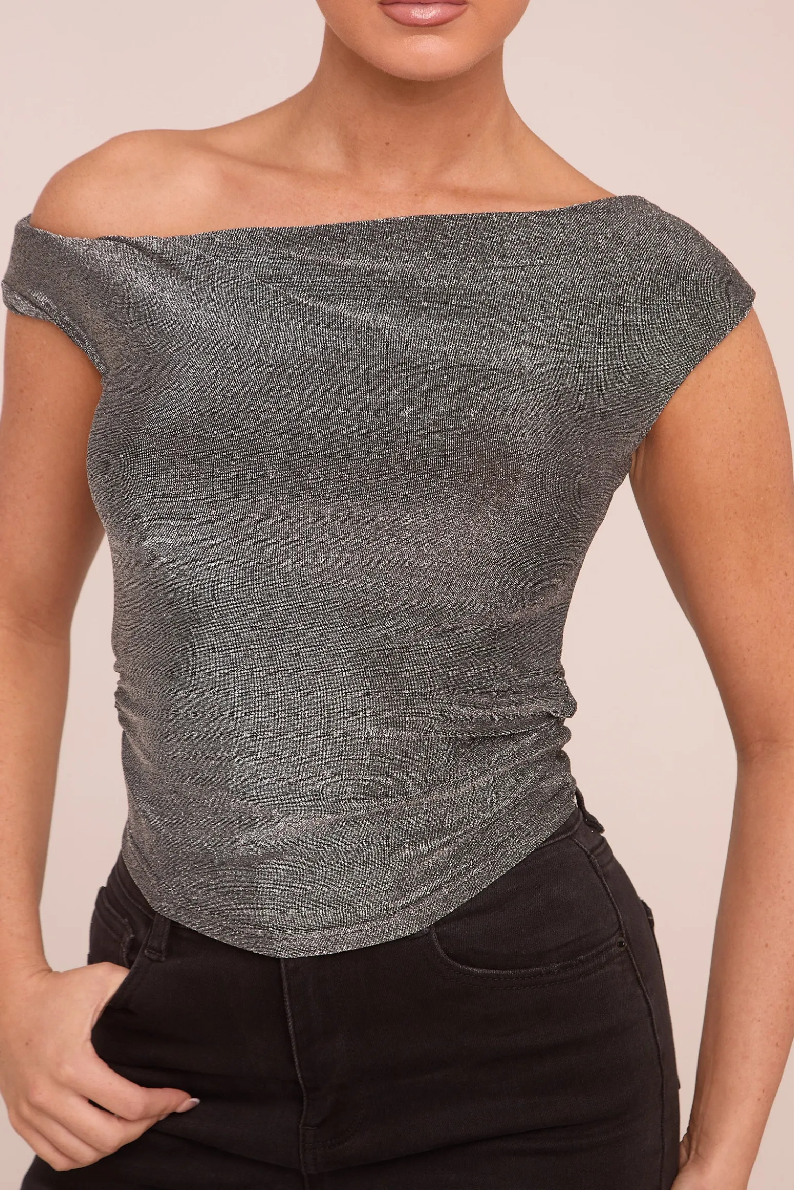 Rebellious Fashion Silver Metallic Lurex One shoulder Crop Top - Isabelle