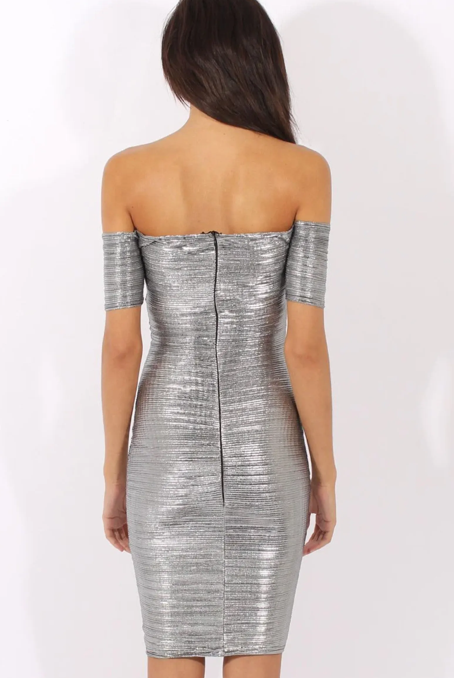 Rebellious Fashion Silver Metallic Pleated Bardot V Front Midi Dress - Lucia