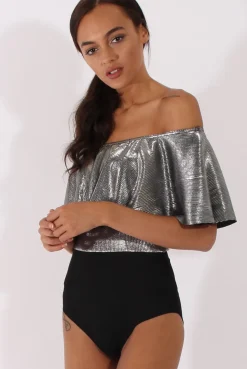 Rebellious Fashion Silver Metallic Pleated Bardot Bodysuit - Aubree