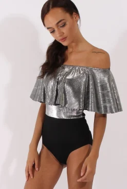 Rebellious Fashion Silver Metallic Pleated Bardot Bodysuit - Aubree
