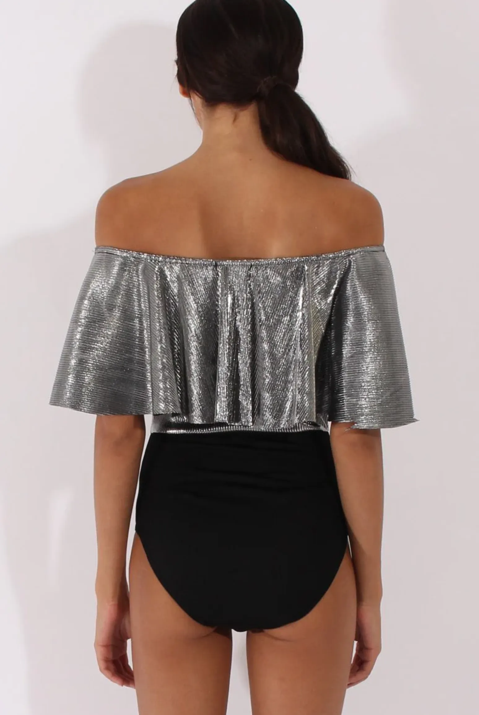 Rebellious Fashion Silver Metallic Pleated Bardot Bodysuit - Aubree