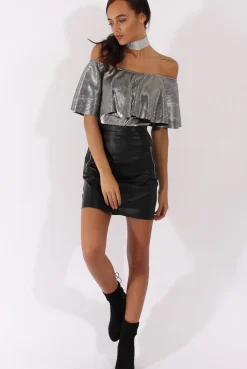 Rebellious Fashion Silver Metallic Pleated Bardot Bodysuit - Aubree