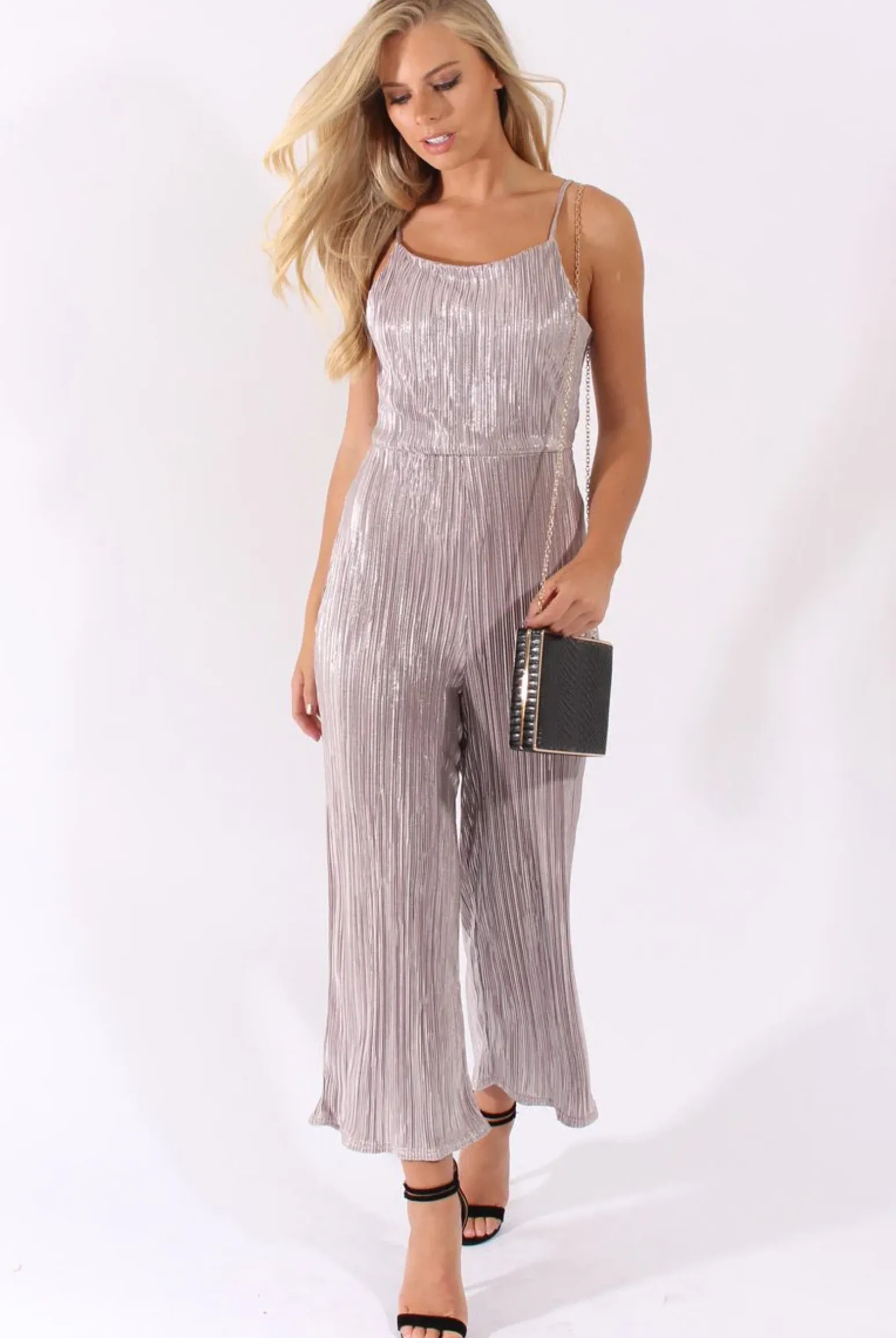 Rebellious Fashion Silver Metallic Pleated Cropped Jumpsuit - Arabella
