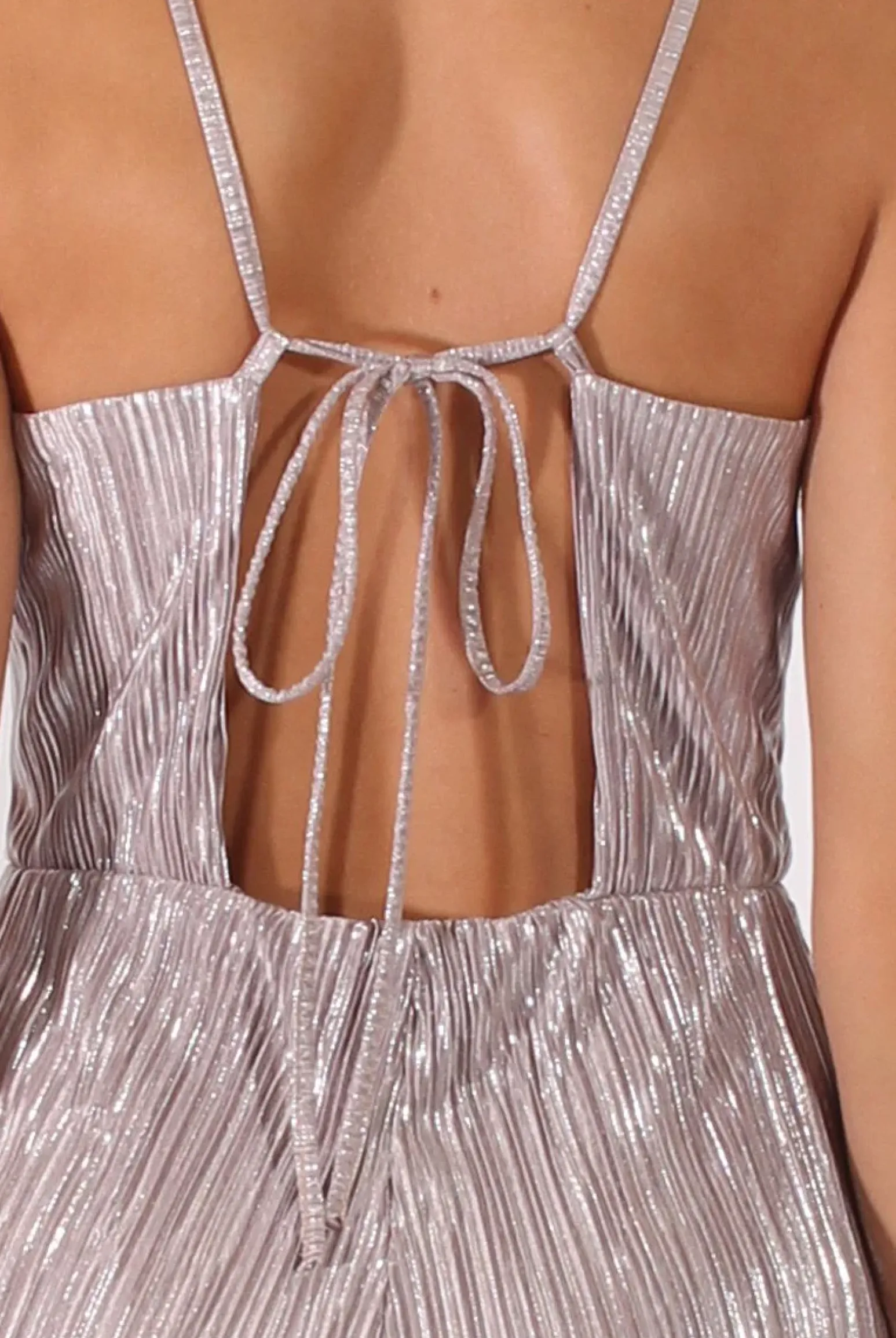 Rebellious Fashion Silver Metallic Pleated Cropped Jumpsuit - Arabella