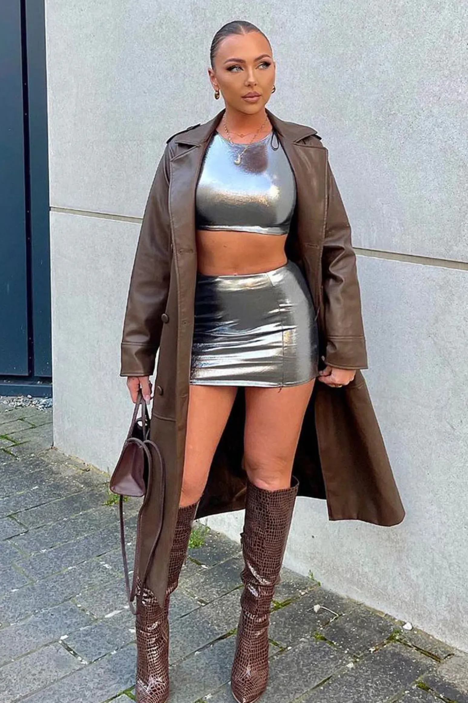 Rebellious Fashion Silver Metallic Sleeveless Crop Top & Mini Skirt Set - Aiko