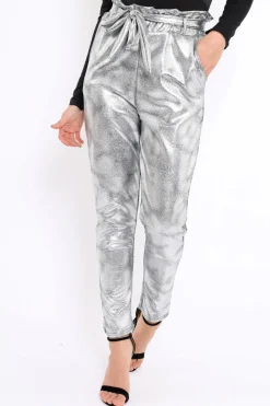 Rebellious Fashion Silver Metallic Tie Waist Trousers - Brigette