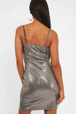 Rebellious Fashion Silver Metallic Wrap Front Bodycon Mini Dress - Garnett