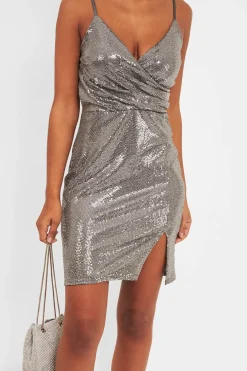 Rebellious Fashion Silver Metallic Wrap Front Bodycon Mini Dress - Garnett