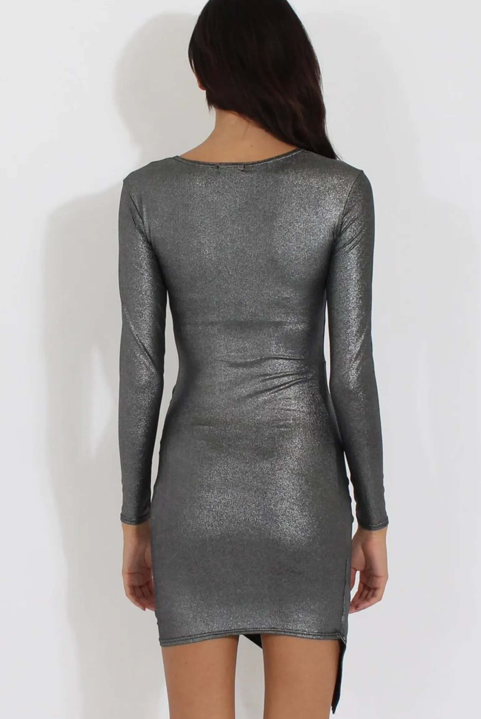 Rebellious Fashion Silver Metallic Wrap Side Ruched Dress - Harlie