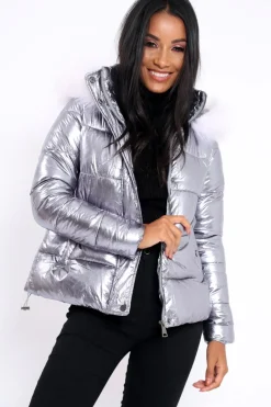 Rebellious Fashion Silver Padded Puffer Coat - Casie