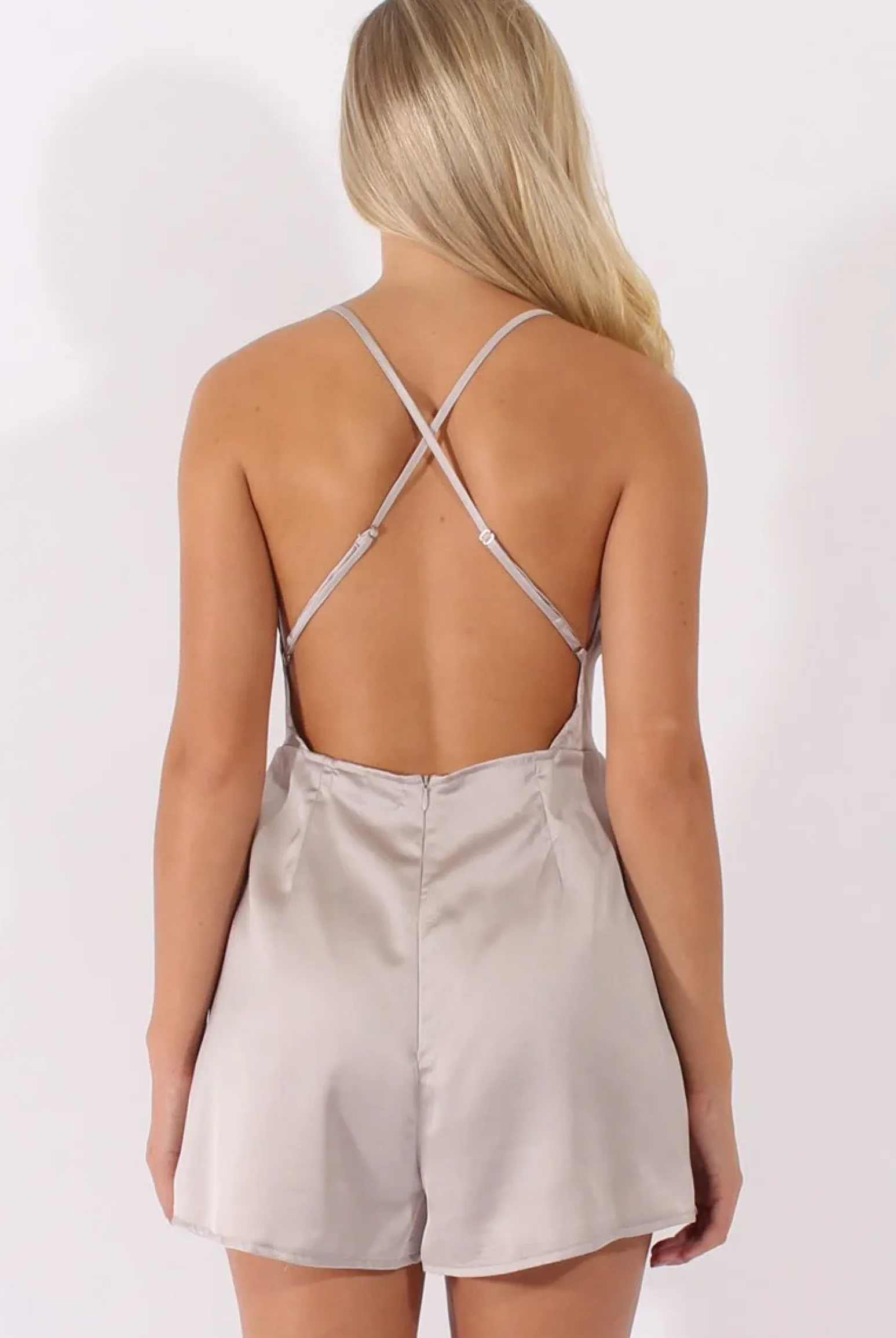 Rebellious Fashion Silver Satin Cowl Neck Playsuit - Kasia