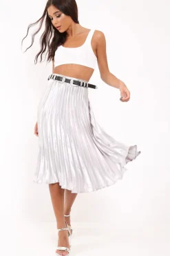 Rebellious Fashion Silver Satin Pleated Midi Skirt - Kelyn