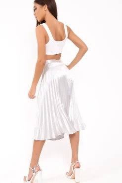 Rebellious Fashion Silver Satin Pleated Midi Skirt - Kelyn