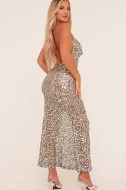 Rebellious Fashion Silver Sequin Cowl Detail Halter Neck Maxi Dress - Dariya