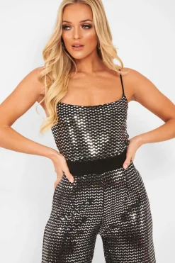 Rebellious Fashion Silver Sequin Square Neck Cami Bodysuit - Laelyn