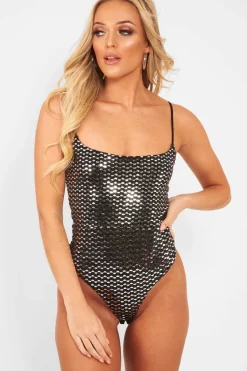 Rebellious Fashion Silver Sequin Square Neck Cami Bodysuit - Laelyn