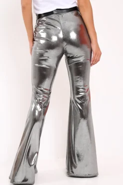 Rebellious Fashion Silver Shiny Metallic High Waist Kick Flare Trousers - Islee