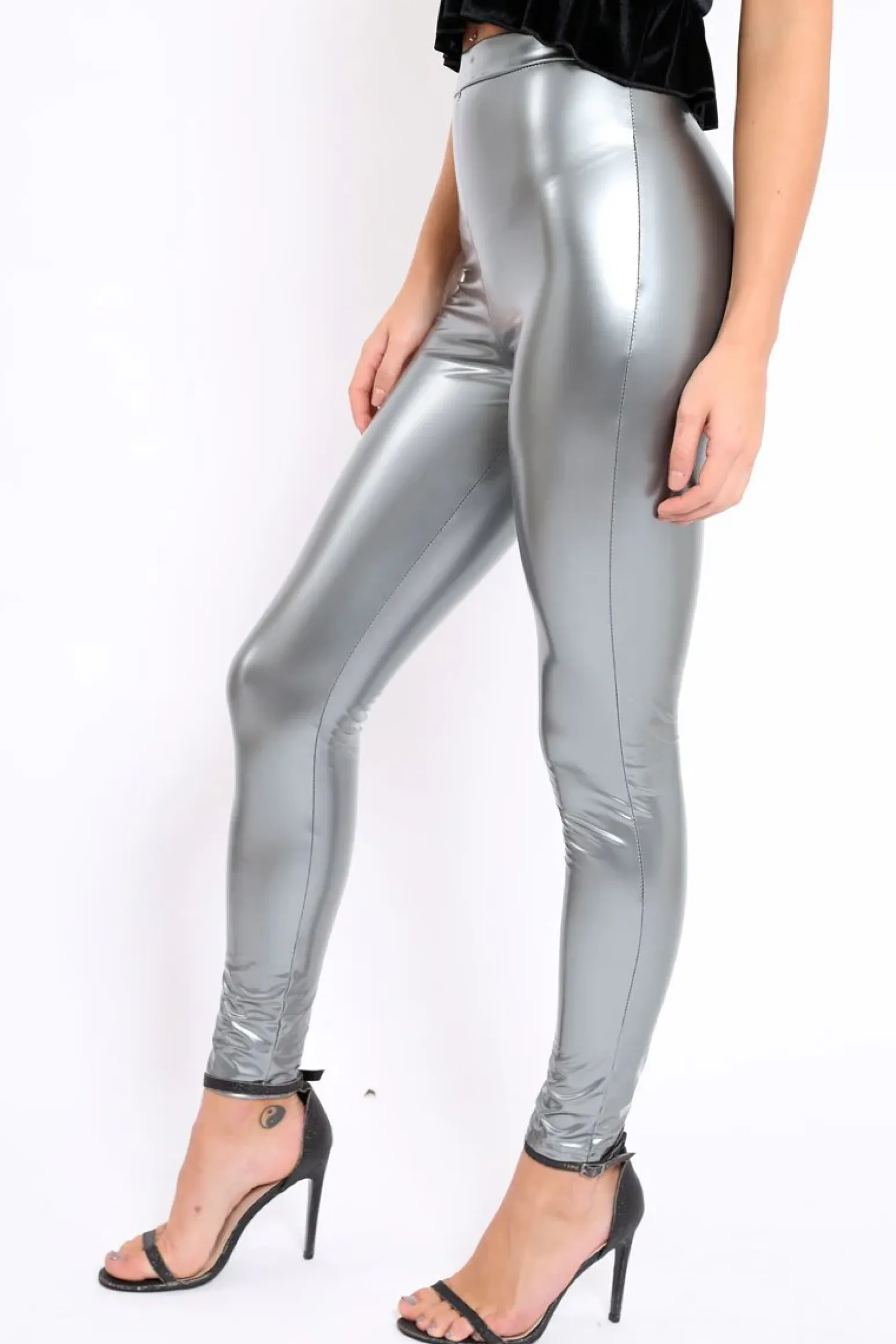 Rebellious Fashion Silver Shiny Vinyl PU Leggings - Rio