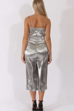 Rebellious Fashion Silver Silky Culotte Jumpsuit - Berry