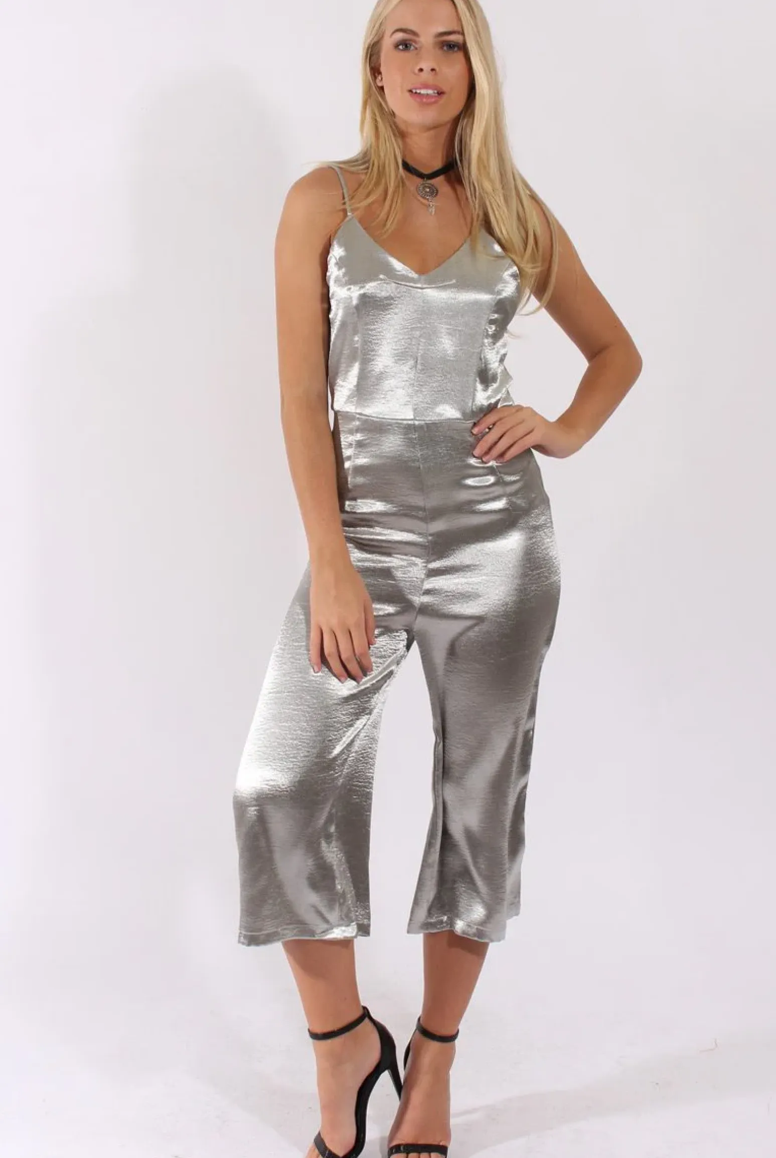 Rebellious Fashion Silver Silky Culotte Jumpsuit - Berry