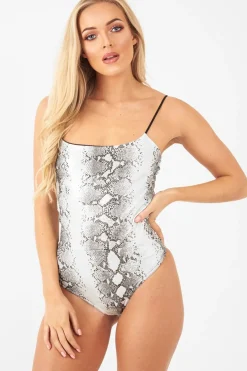 Rebellious Fashion Silver Snake Print Cami Bodysuit - Lucelia