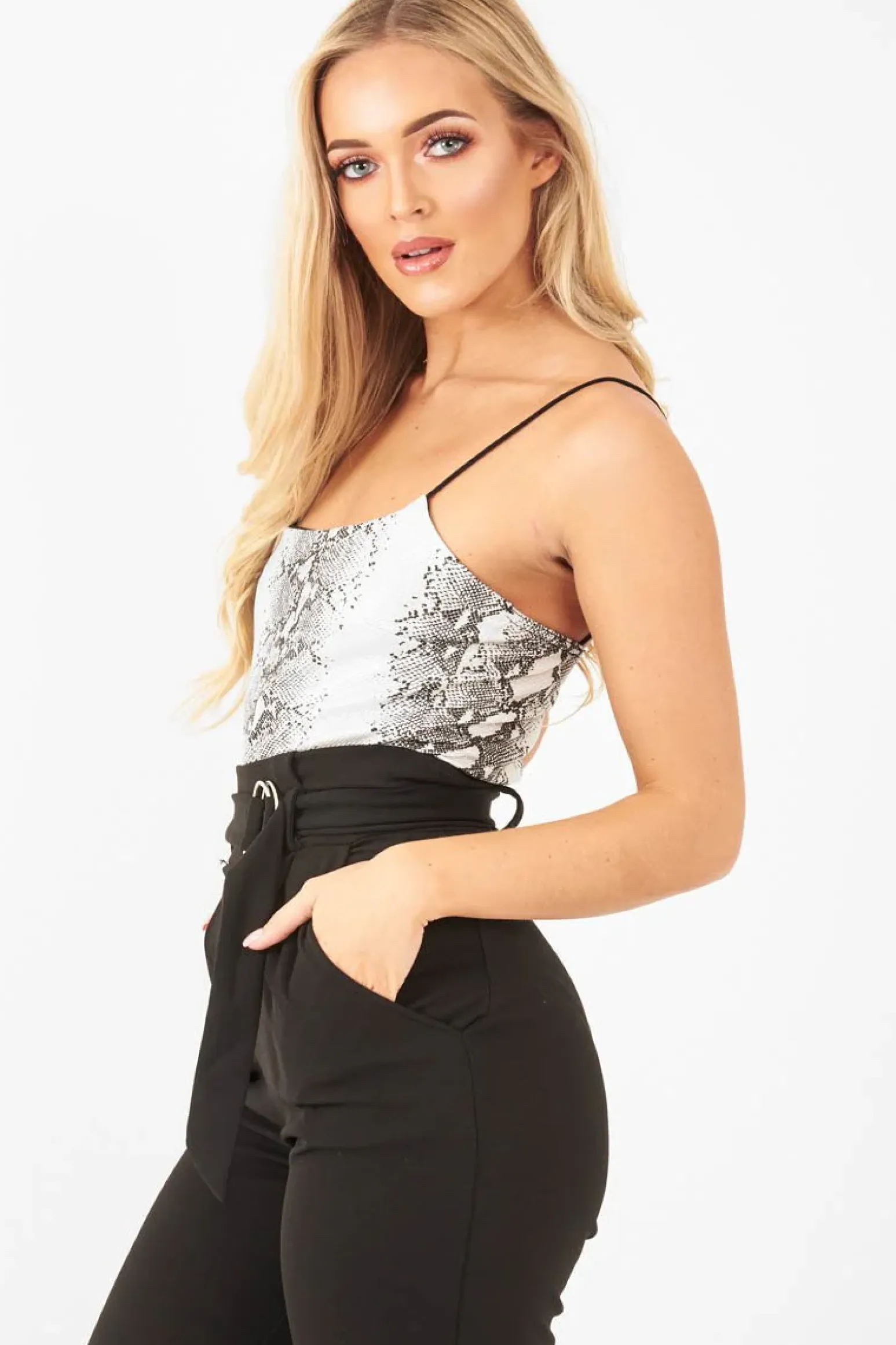 Rebellious Fashion Silver Snake Print Cami Bodysuit - Lucelia