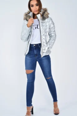 Rebellious Fashion Silver Wet Look Puffer Coat - Soph