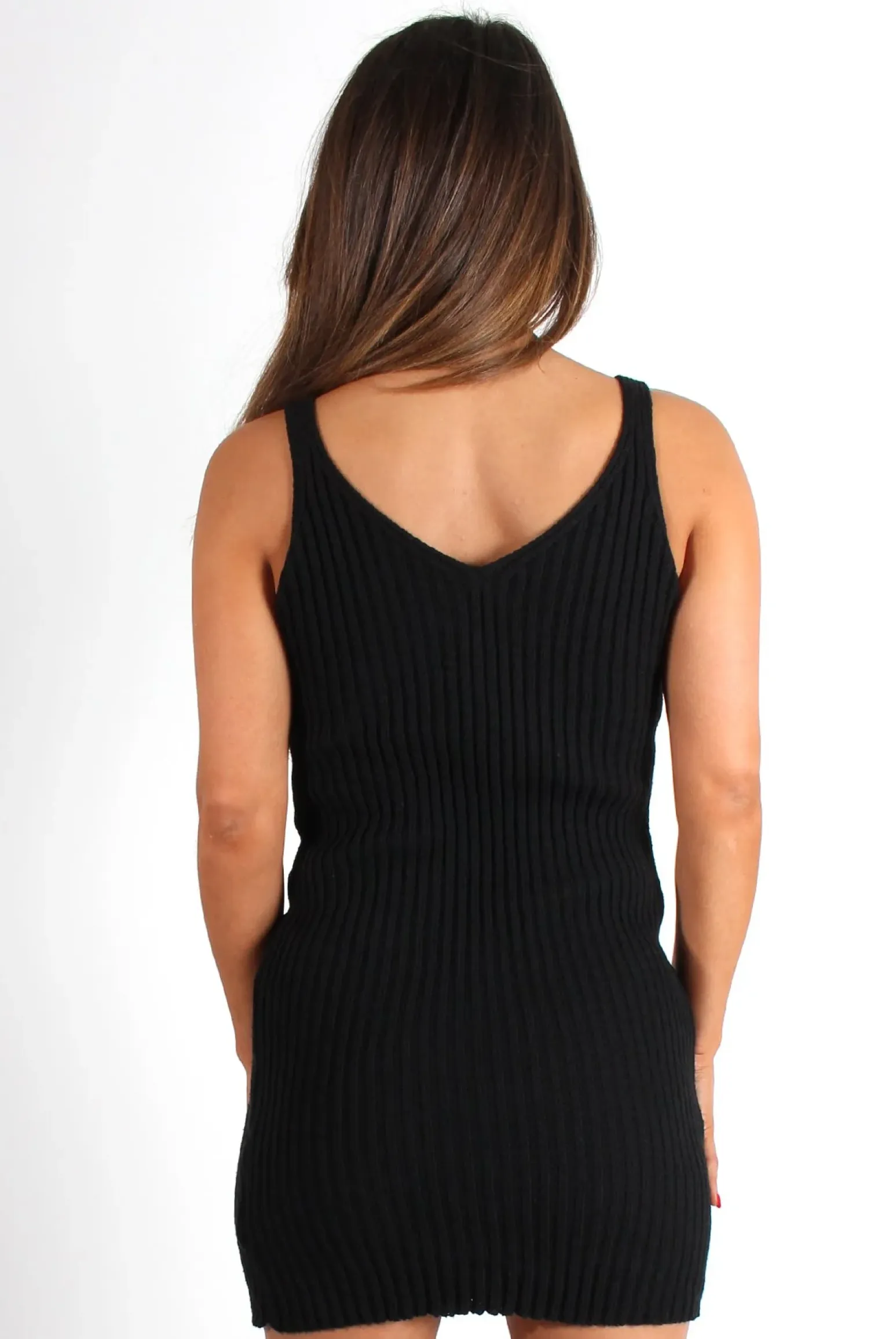 Rebellious Fashion Silvia Black Knitted Ribbed V Front Dress