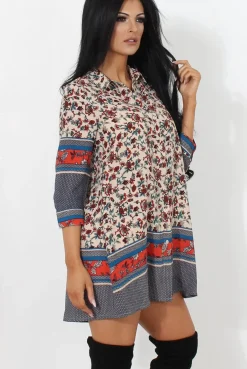 Rebellious Fashion Sissi Beige Floral Shirt Dress