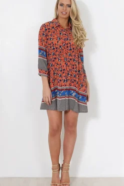 Rebellious Fashion Sissi Coral Floral Shirt Dress