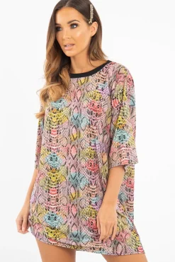 Rebellious Fashion Snake Multi Oversized T Shirt Dress - Glori