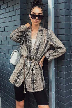 Rebellious Fashion Snake Print Coated Longline Blazer - Avilyn