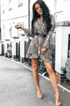 Rebellious Fashion Snake Print Plunge Wrap Front Frill Hem Shirt Dress - Dariel