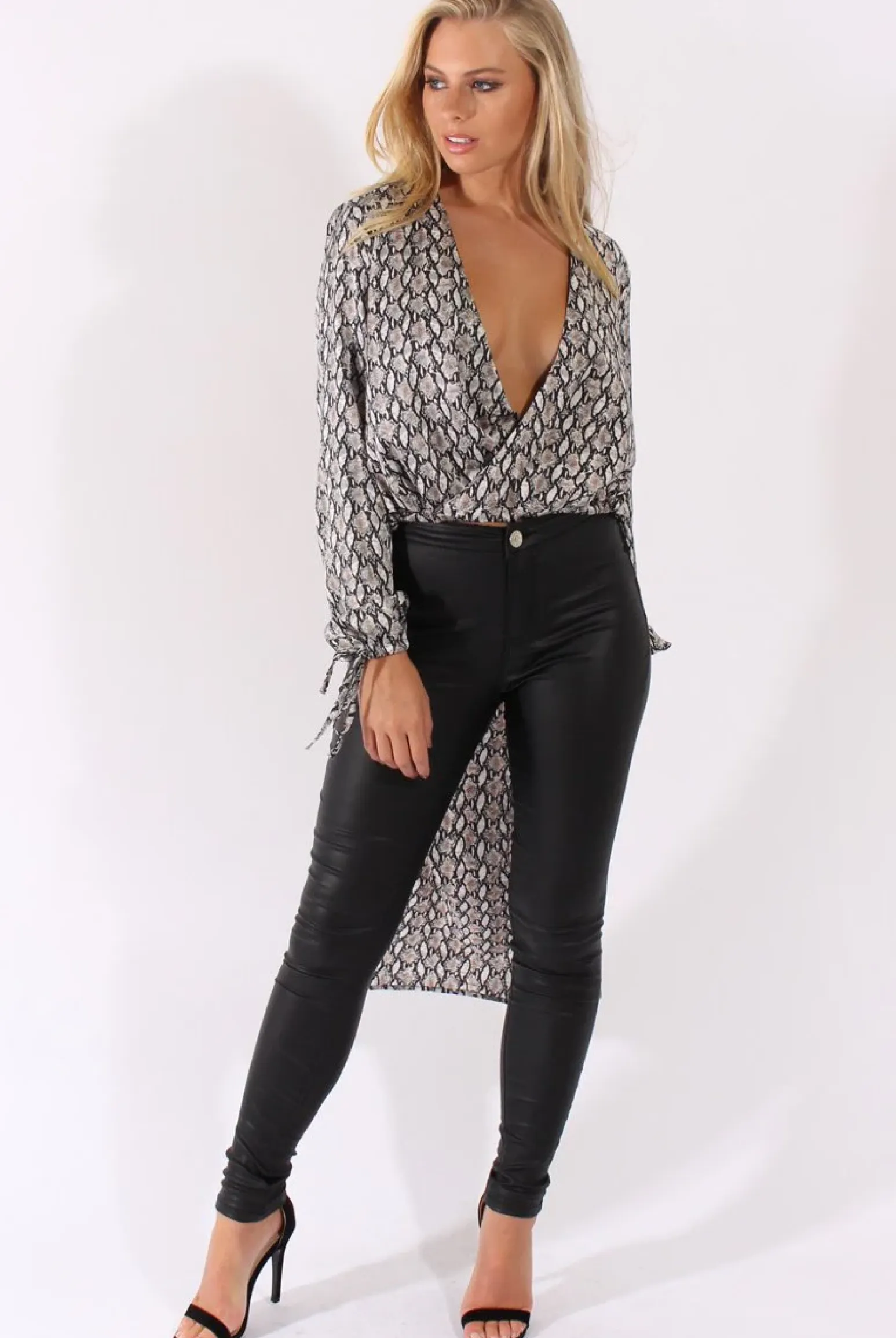Rebellious Fashion Snake Print Wrap Front Dip Hem Shirt - Kamlyn