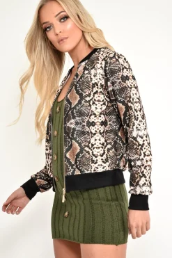 Rebellious Fashion Snake Print Zip Up Bomber Jacket - Elianis
