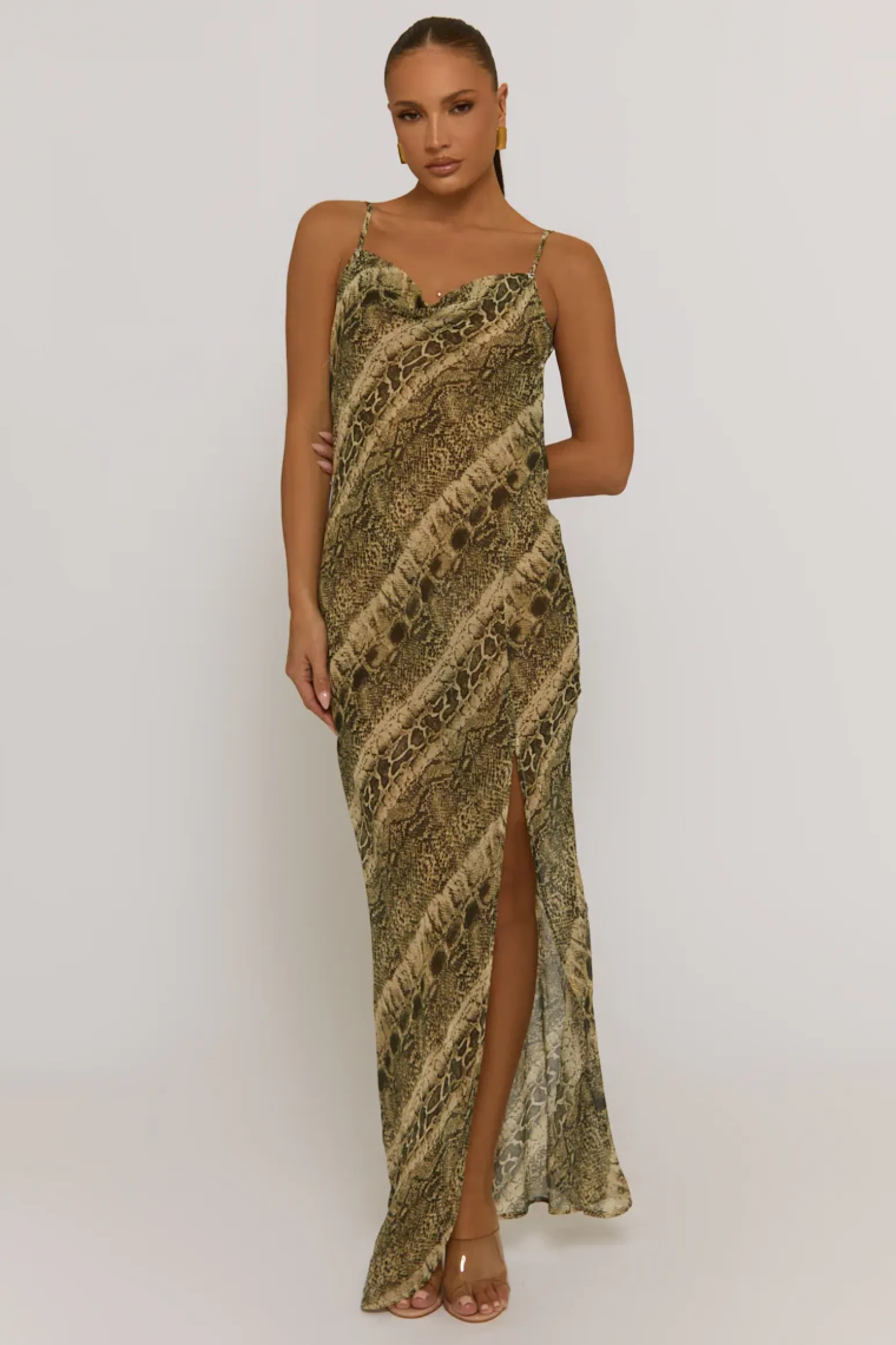 Rebellious Fashion Snake Semi Sheer Cowl Maxi Dress - Romilda