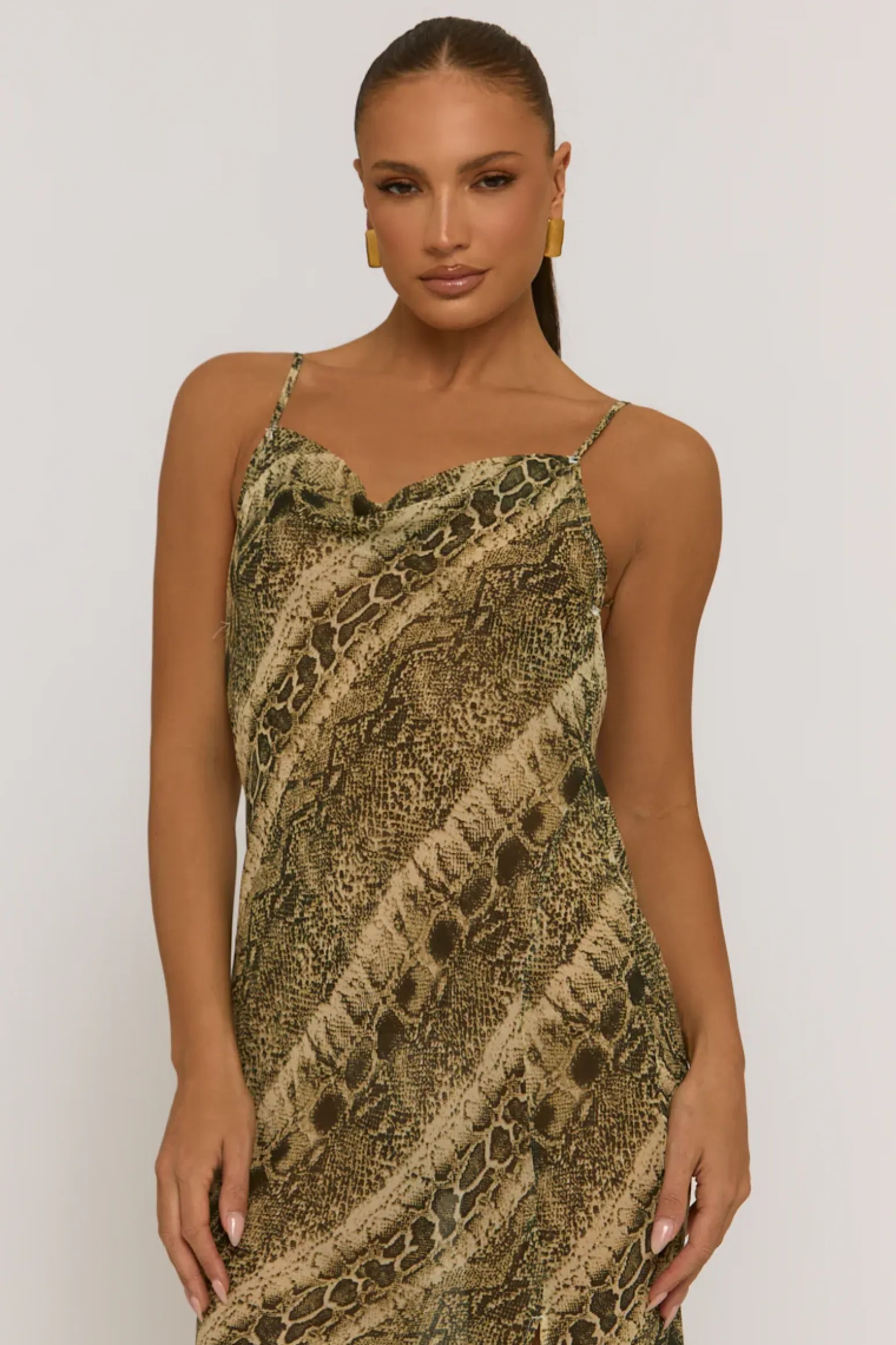 Rebellious Fashion Snake Semi Sheer Cowl Maxi Dress - Romilda