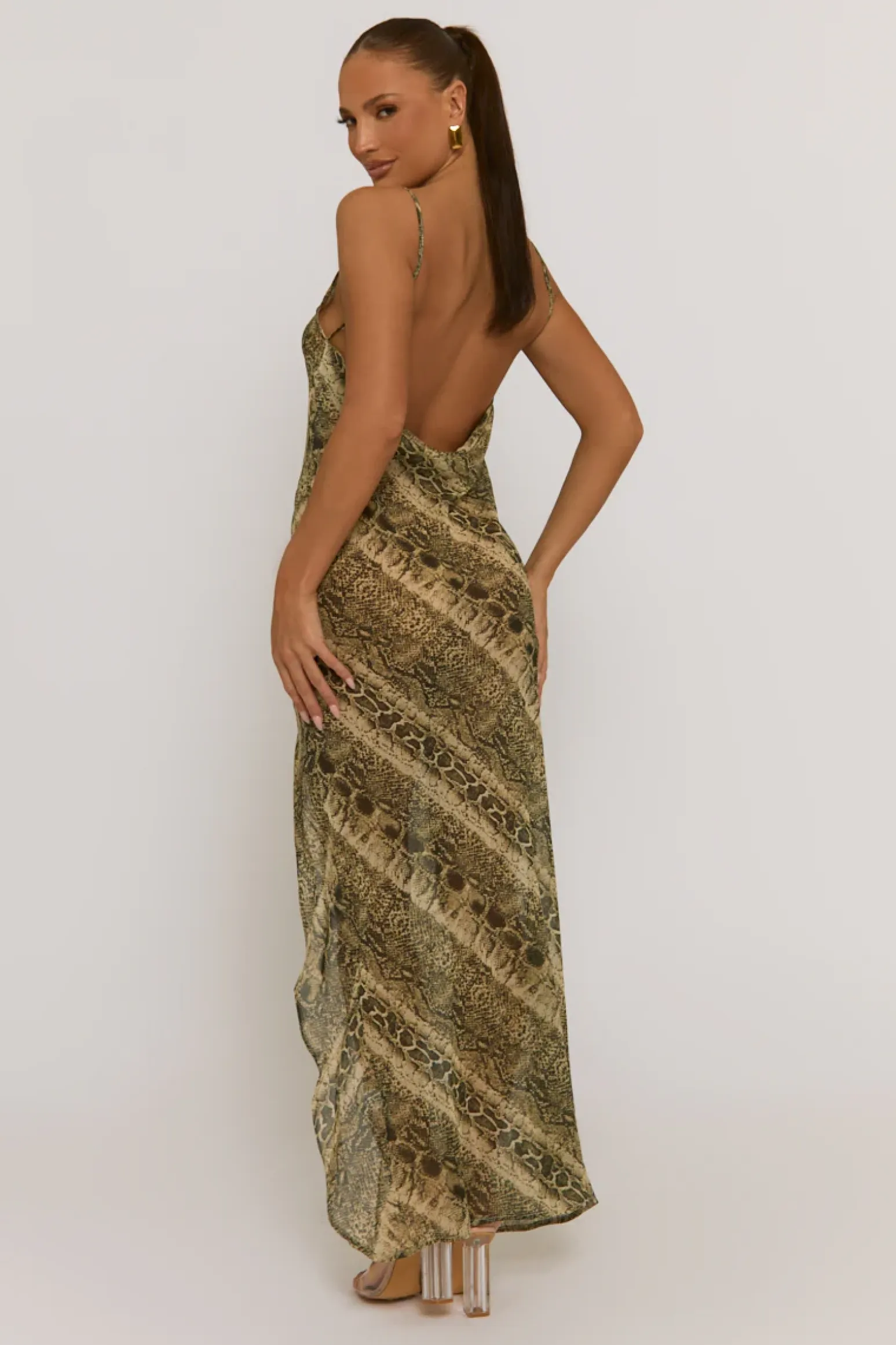 Rebellious Fashion Snake Semi Sheer Cowl Maxi Dress - Romilda