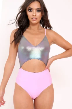 Rebellious Fashion South Beach Iridescent Metallic and Pink Cut Out Swimsuit