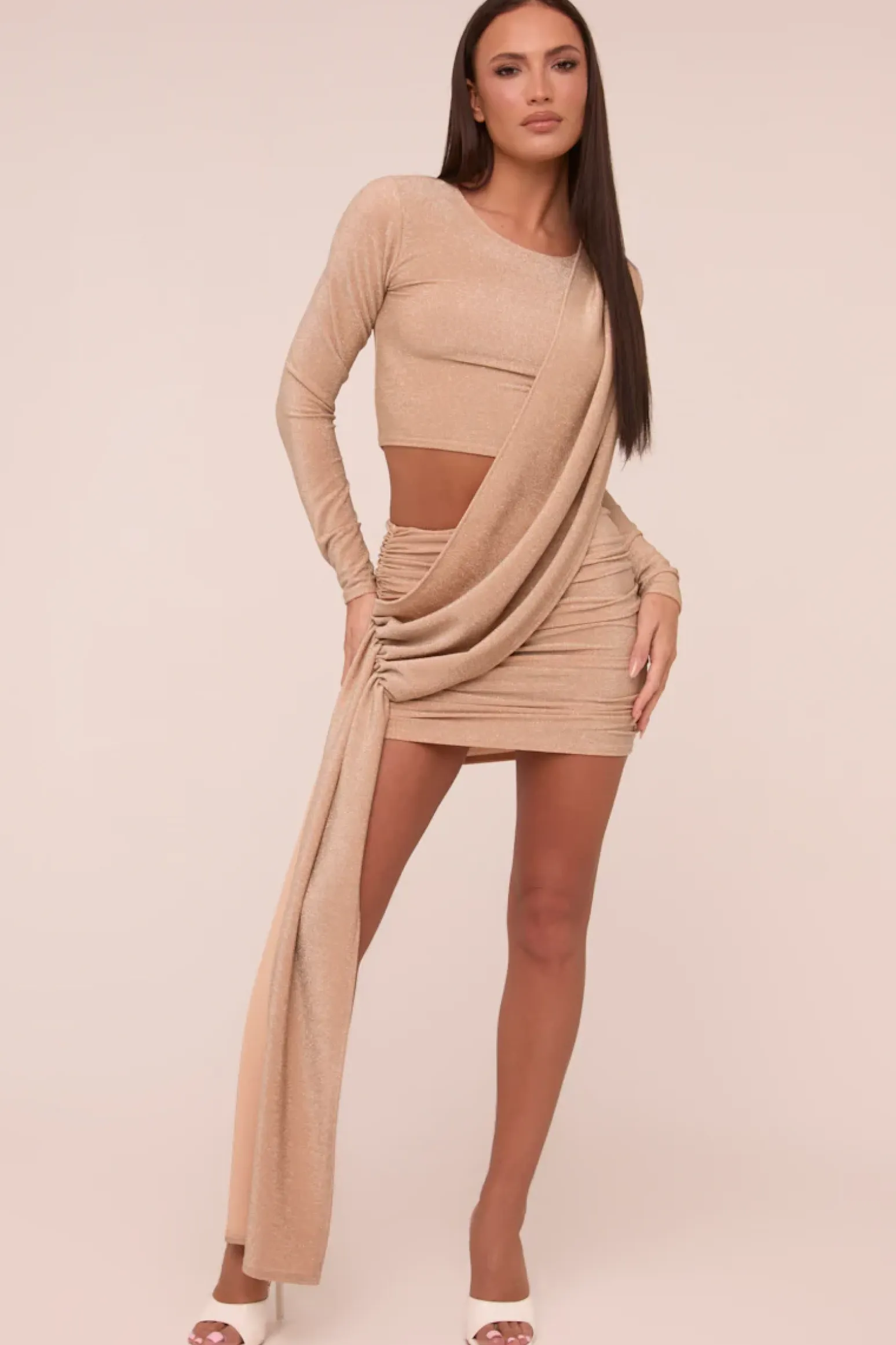 Rebellious Fashion Stone Cut Out Detail Draped Long Sleeves Mini Dress - Becca