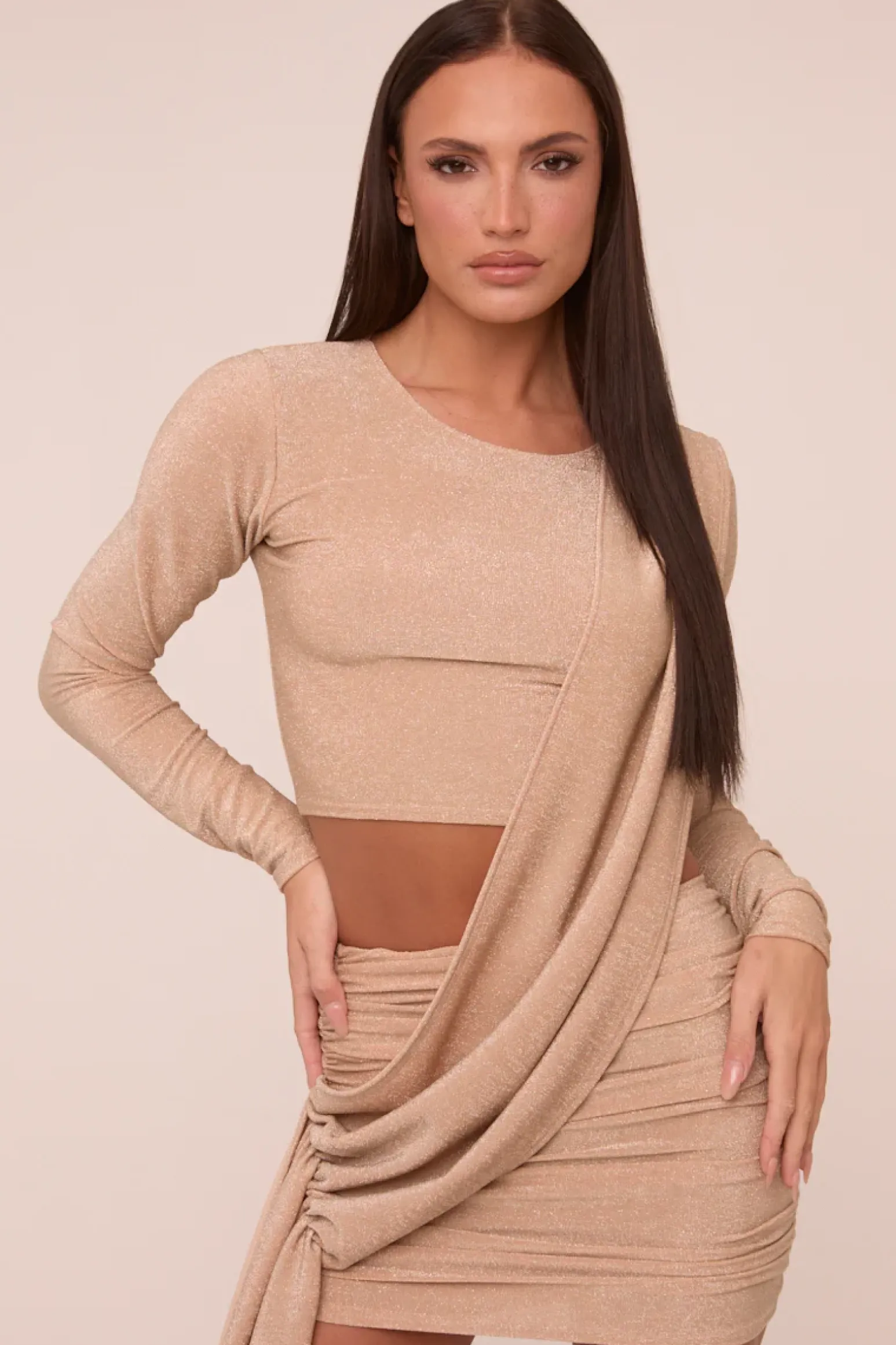 Rebellious Fashion Stone Cut Out Detail Draped Long Sleeves Mini Dress - Becca