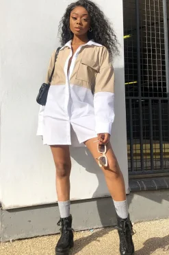 Rebellious Fashion Stone Faux Leather Panel Shirt Dress - Arriya