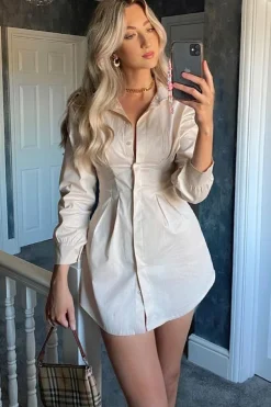 Rebellious Fashion Stone Tailored Waist Long Sleeve Shirt Dress - Laritza