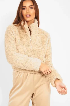 Rebellious Fashion Stone Borg Zip Front Crop Jacket - Kazi