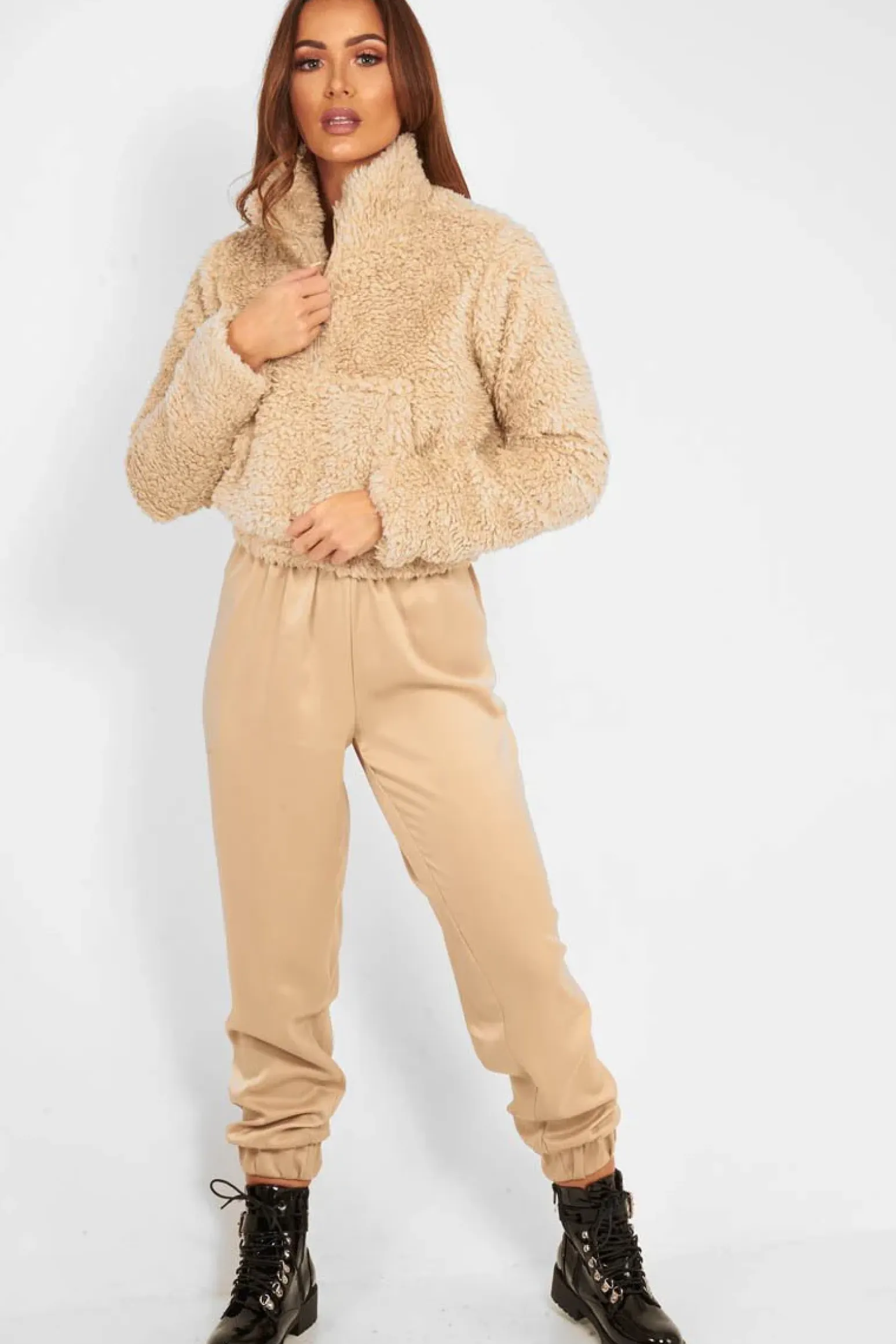 Rebellious Fashion Stone Borg Zip Front Crop Jacket - Kazi