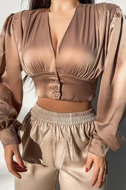 Rebellious Fashion Stone Button Front Plunge Satin Crop Top - Khali