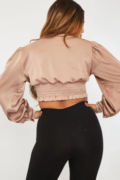 Rebellious Fashion Stone Button Front Plunge Satin Crop Top - Khali